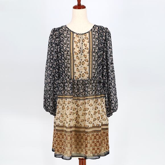 Tommy Hilfiger Women Patchwork Boho Baloon Sleeve Chiffon Mini Dress Size US 6 - Picture 1 of 4